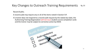Key Changes to Outreach Training Requirements
Record Audits.
A record audit may require any or all of the items noted in Section V.P.
If a trainer does not respond to a record audit request by the stated due date, the
Authorizing Training Organization will not issue student course completion cards
and the trainer may be subject to corrective action by OSHA
72
.
Pg. 25
 