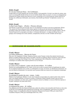 ECRIV AINS DE GUADELOUPE



Condé, Maryse
Les belles ténébreuses. - Mercure de France
Dans une ville imaginaire d'Afrique, Samarssa, Kassem, jeune Français victime d'un attentat terroriste qui a détruit le
complexe hôtelier dans lequel il travaillait, rencontre un médecin, Ramzi An-Nawawi, dont il devient l'assistant et le
protégé. De l'Afrique à New York, en passant par Lille et Marseille, ce héros moderne et romantique a le malheur
d'être toujours présent là où il ne faut pas.

Condé, Maryse
Le coeur à rire et à pleurer : contes vrais de mon enfance. - R.
Laffont
Premier récit autobiographique de M. Condé, où elle met en scène sa
jeunesse dans la Guadeloupe des années 50, ses relations houleuses avec sa
mère, sa confrontation à la mort, au racisme, ses désillusions amoureuses,
ses rêves de liberté et d'autonomie. Ces souvenirs sont l'occasion d'aller aux
sources de son inspiration romanesque.

Condé, Maryse
En attendant la montée des eaux : roman. - Lattès
Médecin à la Guadeloupe, Babakar vit seul, mais le hasard ou la providence
lui confie la petite Anaïs, dont la mère, une réfugiée haïtienne, est morte en
couches. Il recherche à Haïti la famille d'Anaïs, mais ne trouve personne.
Cependant, avec deux amis, exilés et solitaires comme lui, Babakar va
trouver à Haïti des réponses à sa quête. Grand prix du roman métis 2010.

Condé, Maryse
La migration des cœurs. - R. Laffont
Une adaptation très libre des«Hauts de Hurlevent», pleine de violence et de
sensualité, dont l'action se situe entre La Havane et la Guadeloupe après
l'abolition de l'esclavage. Née en Guadeloupe, ayant trouvé ses racines en Afrique, l'auteur vit actuellement à
Harvard. Grand prix littéraire de la Femme (1986), prix Anaïs-Nin de l'Académie française (1988), prix Puterbaugh
(Etats-Unis, 1993).

Condé, Maryse
Ségou. Ŕ (Chemins d'identité). - R. Laffont

Condé, Maryse
Traversée de la mangrove. Ŕ (Bleue). - Mercure de France
Dans le temps clos de cette seule nuit, au-delà de la petite communauté que l'on regarde, c'est toute la société
guadeloupéenne d'aujourd'hui qui se dessine, avec ses conflits, ses contradictions et ses tensions.

Condé, Maryse
Victoire, les saveurs et les mots : récit. - Mercure de France
Roman inspiré par«L'Africain»de J.-M. Le Clézio dans lequel M. Condé évoque Victoire Quidal, sa grand-mère
maternelle qu'elle n'a pas connue. Celle-ci est une cuisinière hors pair qui travaille au service d'Anne-Marie et
Boniface Walberg. Son talent est très apprécié par la société guadeloupéenne, qui la réclame.

Condé, Maryse
La vie sans fards. - Lattès
Autobiographie où l'auteure tente de se raconter avec sincérité loin des mythes et des idéalisations. Elle porte une
réflexion sur le métier d'écrivain ainsi que sur sa vie de femme et de mère.
 