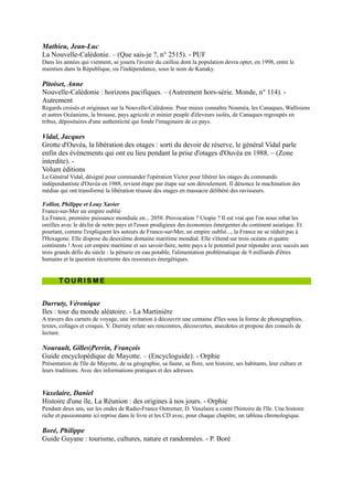 Le Général Vidal, désigné pour commander l'opération Victor pour libérer les otages du commando indépendantiste
d'Ouvéa en 1988, revient étape par étape sur son déroulement. Il dénonce la machination des médias qui ont
transformé la libération réussie des otages en massacre délibéré des ravisseurs.


       TOURISME


Durruty, Véronique
Iles : tour du monde aléatoire. - La Martinière
A travers des carnets de voyage, une invitation à découvrir une centaine d'îles sous la
forme de photographies, textes, collages et croquis. V. Durruty relate ses rencontres,
découvertes, anecdotes et propose des conseils de lecture.

Nourault, Gilles|Perrin, François
Guide encyclopédique de Mayotte. Ŕ (Encycloguide). - Orphie
Présentation de l'île de Mayotte, de sa géographie, sa faune, sa flore, son histoire, ses
habitants, leur culture et leurs traditions. Avec des informations pratiques et des
adresses.


Vaxelaire, Daniel
Histoire d'une île, La Réunion : des origines à nos jours. - Orphie
Pendant deux ans, sur les ondes de Radio-France Outremer, D. Vaxelaire a conté
l'histoire de l'île. Une histoire riche et passionnante ici reprise dans le livre et les CD
avec, pour chaque chapitre, un tableau chronologique.

Boré, Philippe
Guide Guyane : tourisme, cultures, nature et randonnées. - P. Boré
Guide présentant par grandes régions de Guyane, des randonnées avec le parcours
détaillé, un plan, le niveau de difficulté, des adresses pour dormir ou se restaurer des
informations sur la nature, des recommandations avant de commencer la balade, la
liste du matériel nécessaire.

Foucard, Marie|Marion, Catherine|Guinard, Eric
Terres australes : Terre de Feu, Falkland, Géorgie du Sud, terres
australes françaises, Péninsule antarctique. Ŕ (Guides Grand Nord). -
Grand Nord
Présente l'histoire, la géographie, la faune et la flore des terres australes. Contient de
nombreux renseignements utiles au voyageur qui désire se rendre dans les régions
polaires.

Pailhès, Robert
GéoBook : 110 pays, 6.000 idées. - Géo
Refonte complète de ce guide pratique enrichi d'une vingtaine de pays et de régions, et assorti de mille nouvelles
idées de voyages originaux et d'activités tendance telles que l'accrobranche ou l'écotourisme. A chaque pays
correspond un carnet de voyage donnant toutes les informations utiles, accompagnées de cartes et de nombreuses
photographies.




       GUIDES


Tahiti et les îles de la Société : Polynésie : Moorea, Huahine, Raiatea et Tahaa, Bora Bora,
Maupiti. Ŕ (Guides Gallimard). - Nouveaux loisirs
 