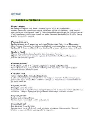 Schirrer, Marie-Christine
Petit n'Ours. Édition de l'Onde
En Antarctique, un continent aux gigantesques icebergs étincelants, vit un petit ours blanc, si petit qu'il s'appelle Petit
n'Ours.


Foix, Alain
Aujourd'hui en Guadeloupe : Lou à Sainte-Anne. Série Monde, Gallimard-Jeunesse
Les parents de Louisiane sont séparés, elle vit avec sa mère en Guadeloupe, son père vit à Paris. Elle doit rejoindre
celui-ci à la rentrée prochaine et est inquiète de quitter son univers et son île. Elle décide de rédiger un journal,
inscrivant tous ses souvenirs et racontant les odeurs, les couleurs, et les préparatifs dans l'attente du passage d'un
cyclone.

Fromental, Jean-Luc
10 p'tits pingouins : un livre animé pour jouer à compter. Hélium
Apprentissage de la soustraction par une suite de dix scènes en rimes, les tirettes permettent de faire disparaître les
petits pingouins un par un, pour les faire réapparaître tous à la fin. Les 10 aventures des 10 petits pingouins, enlevés à
la banquise de la Barrière de Ross pour
participer à une campagne mondiale de sensibilisation au réchauffement climatique.

Resplandy-Taï, Guillemette
Le pacte de Léon et Tukutsi. Romans & plus junior, le
Pommier
En Guyane française. Léon, enfant de scientifiques assombris par de
mystérieux soucis, rencontre Tukutsi, un Amérindien dont le père,
défenseur de la cause indienne, a rejoint les orpailleurs qui saccagent
et polluent la forêt. Les deux amis vont conclure un pacte afin de
comprendre les secrets de leurs parents.

Appolinaire, Marie-Hélène
Commère Waiwai et commère Sisi : conte amérindien de
Guyane. Contes des quatre vents, L'Harmattan
Waiwai, une jeune tortue très courageuse, part de bon matin travailler
dans son abattis, véritable paradis des fruits et des légumes. Sisi,
paresseuse et gourmande, décide de venir l'aider. Très vite elle se
retrouve prisonnière d'un filet mis au point par Waiwai pour contrer
les voleurs. Que va-t-il arriver à la pauvre Sisi ? Que va-t-elle faire
pour réparer son erreur ?

Cadoré, Isabelle
La fillette oiseau. Ti fi-a ki té tounen zwézo, L'Harmattan
L'aventure de Rosalie, une petite fille qui va se transformer en oiseau
l'espace d'une nuit...

Cadoré, Henri
Dix petits cochons noirs, Dis ti kochon nwè : bilingue français-créole. Contes des quatre vents,
L'Harmattan
Cette histoire des dix petits cochons noirs se déroule en Martinique. Ceux-ci veulent savoir si la mer des Antilles est
bien bleue.

Cadoré, Isabelle
O'gaya : conte bilingue français-créole (Antilles). Contes des quatre vents, L'Harmattan
Tout au fond de la mer chaude des Caraïbes, dans une maison entourée d'une véranda, vit une famille d'étoiles de
mer : la famille Micabwa. O'gaya, la fille aînée, n'est toujours pas rentrée...

Cadoré, Isabelle
 