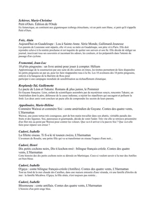 Bloomoune : conte antillais. Contes des quatre vents, L'Harmattan
L'histoire d'un petit singe bleu.

Cadoré, Henri
Matéo. Contes des quatre vents, L'Harmattan
Matéo part en quête de la nuit, des étoiles et de la lune, qu'il a promis de ramener à son père. Mais parviendra-t-il à
tromper l'esprit jaguar ?

Cadoré, Isabelle
Célia et le soleil : conte bilingue créole-français. Contes des quatre vents, L'Harmattan
Une nuit Célia fit un rêve et au matin elle décida de partir à la recherche du soleil.

Cadoré, Isabelle
Ti-Jean et la diablesse, Ti Jan épi djablès-la. L'Harmattan
Ce court texte bilingue raconte l'histoire d'enfants qui trouvèrent sur un îlet l'or du vieux diable et de la diablesse.
Après l'avoir partagé, ils retournent vivre chez leurs parents...

Cadoré, Isabelle
Un terrible combat dans le ciel, An sèl goumen an syèl-la. Contes des quatre vents, L'Harmattan
Le soleil et la pluie se disputent sur l'île de Madinina pour savoir qui est le plus important sur l'île. Ils s'affrontent
violemment : la pluie provoquant de terribles inondations, le soleil brûlant tout sans pitié. Mamandlo, l'Esprit des
eaux ,va-t-elle réussir à les réconcilier ?

Houdin, Michelle
Hibiscus rouge et le jardin
fleuri : conte bilingue créole-
français. Contes des quatre
vents, L'Harmattan
Hibicus rouge quitte un jour sa terre
d'Asie pour visiter le monde et
décide de s'installer dans une petite
île des Antilles. Un conte qui
présente également la faune et la
flore des îles.

Clémence-Gotin, Renée
Toumalin et le maître du feu,
Toumalen é Mèt-a-difé.
L'Harmattan
Autrefois dans l'île de Karukéra, par
souci d'économie, les gens allaient
jusqu'à fendre une allumette en deux.
Il existait alors les Maîtres du feu qui
avaient le pouvoir de faire un feu et
de le maintenir vivant pendant des
jours, voire des mois.

Cadoré, Isabelle
Balthazar le petit lézard : Zoukzofi tizandoli. Contes des quatre vents, L'Harmattan
Des comptines bilingues français-créole.

Collectif
Histoires de pirates. Milan
Un recueil de récits traditionnels ou contemporains qui fait la part belle à l'illustration. 14 histoires de pirates, parfois
humoristiques, pour courir l'aventure sur toutes les mers du globe.
 