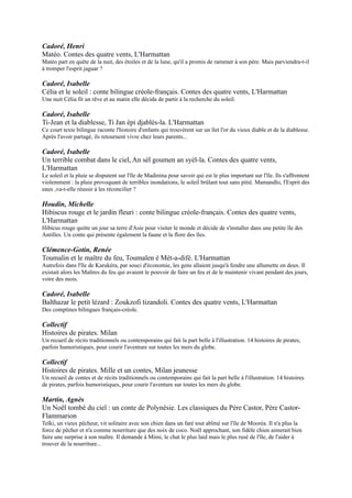 Collectif
Histoires de pirates. Mille et un contes, Milan jeunesse
Un recueil de contes et de récits traditionnels ou contemporains qui fait la part belle à l'illustration. 14 histoires de
pirates, parfois humoristiques, pour courir l'aventure sur toutes les mers du globe.

Martin, Agnès
Un Noël tombé du ciel : un conte de Polynésie. Les classiques du Père Castor, Père Castor-
Flammarion
Teïki, un vieux pêcheur, vit solitaire avec son chien dans un faré tout abîmé sur l'île de Mooréa. Il n'a plus la force de
pêcher et n'a comme nourriture que des noix de coco. Noël approchant, son fidèle chien aimerait bien faire une
surprise à son maître. Il demande à Mimi, le chat le plus laid mais le plus rusé de l'île, de l'aider à trouver de la
nourriture...

Hammer, Béatrice
Le fils de l'océan. Rageot romans, Rageot
Le jour de ses 13 ans, Gustave reçoit une lettre où sa tante lui affirme qu'il est un enfant adopté. Il aimerait se
convaincre que c'est un mensonge ou un malentendu, mais il ne peut refouler les réflexions incessantes de ses
camarades sur sa peau mate. Il décide d'affronter la vérité et au cours d'un voyage en Polynésie il fera la connaissance
de sa mère biologique.

Gougaud, Henri
Contes du Pacifique. Contes et récits, Seuil
Des contes tirés de L'arbre d'amour et de sagesse, L'arbre à soleil et L'arbre aux trésors d'Henri Gougaud et illustrés
par des collages.

Witschger, Anne-Laure
Voyage à la Réunion. Seuil Jeunesse
Album conçu comme un carnet de voyage à l'île de la Réunion sur les
pas de l'auteure qui propose un panorama des différents peuples vivant
dans ce département français, des diverses cultures culinaires ou
artistiques, et des paysages.

Clément, Yves-Marie
Piki Fishi et autres contes du Maroni. Contes nomades,
Syros jeunesse
Ces contes du fleuve Maroni, en Guyane, racontés par des
Amérindiens et des Noirs marrons sont peuplés d'esprits de la forêt ou
du fleuve. Toutes les entités se mêlent dans ces histoires où se côtoient
les hommes, les esprits, les animaux fabuleux appelés Anansi. Les uns
se transforment, les autres sont à l'origine du monde.

Teisson, Janine
Taourama et le lagon bleu. Tempo, Syros jeunesse
Taourama a vécu jusqu'à l'âge de 9 ans en Polynésie, élevé par sa
grand-mère. Parti en France rejoindre son père, il garde toujours en lui le souvenir de son pays et des personnes avec
lesquelles il a partagé de bons moments.

Samouel, Valérie
Ma'ohi. Naître ailleurs, Tournon jeunesse
En Polynésie française, Temari'i et son amie Aïmata vivent dans une certaine douceur. Ils décident un jour d'explorer
une île sacrée, le Motu tapu, sur laquelle ils vont découvrir les croyances de leurs ancêtres. Une aventure qui permet
aux enfants de découvrir les us et coutumes d'autres enfants. A la fin de l'album, quelques informations sur l'Océanie,
les mots tahitiens et les outils utilisés.
 