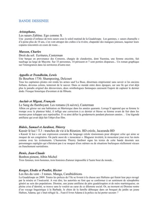 pour échapper aux représailles. Il va ainsi défier la gendarmerie pendant plusieurs années… Une légende antillaise qui
avait déjà fait l'objet d'un film.


Bidois, Samuel et Jardinot, Thierry
Kassèr lè kui ! T.3 : tranches de vie à la Réunion. BD créole, Jacaranda BD
« Kassèr lé kui » est une expression courante du language créole réunionnais pour désigner celui qui aime se moquer
de ses congénères. On parle aussi de « moucateur ». Blagueur invétéré, le moucateur joue avec les mots comme avec
les évènements. L'humoriste Thierry Jardinot signe les textes de cette bande dessinée aux personnages espiègles qui
n'hésitent pas à se moquer d'eux mêmes ou de situations burlesques réellement vécues ou franchement surréalistes.

Denis, Jean-Claude
Bonbon piment, Albin Michel
Trois femmes, trois hommes, trois histoires d'amour impossible à l'autre bout du monde...


Koeger, Elodie et Poullet, Hector
Les îles du vent - 3 tomes. Manga, Caraïbéditions
La Guadeloupe en 2009. Toutes les polices de l’île se livrent à la chasse aux Haïtiens qui
fuient leur pays ravagé par la misère et l’insécurité. A vrai dire, les autorités ne font que
se conformer à un sentiment de xénophobie généré au sein des populations. Dionine,
une jeune antillaise de père guadeloupéen et de mère martiniquaise, en pleine crise
d’identité, se trouve sans le vouloir au cœur de ce dilemme social. Or, au moment où
Dionine rentre d’un voyage linguistique à la Barbade, le chien de la famille débusque
dans un bosquet du jardin un jeune Haïtien, Adama, qui s’était réfugié là... Faut-il livrer
Adama à la police ou lui porter secours ?


Perrin, Laurent et Blanco, Stéphane
Aux îles, point de salut. Caraïbéditions
Au cours d'un voyage en Guyane avec sa petite-fille, Léa se remémore son enfance en tant que fille de gardien et
épouse de gardien du bagne. C'est l'occasion pour elle de dévoiler un secret. A travers le regard d'une enfant, une
vision du bagne de Guyane et de ses forçats.


Presle, Stéphane et Jouvray, Jérôme
La Pès Rekin. Futuropolis
Nelson est un jeune adolescent turbulent. Fuyant sa famille, il se retrouve embarqué
dans de sombres histoires de trafic de drogue et d'argent. Avec des dialogues en grande
partie en langue créole, l'histoire fait découvrir un aspect peu idyllique de La Réunion.


Zep
Titeuf - A lafoli ! . BD en créole, Caraïbéditions
Tamatou est grande, ne parle pas très bien français, vient du Brougalistan ou un nom
comme ça, et surtout elle est nouvelle dans l'école de Titeuf...
 