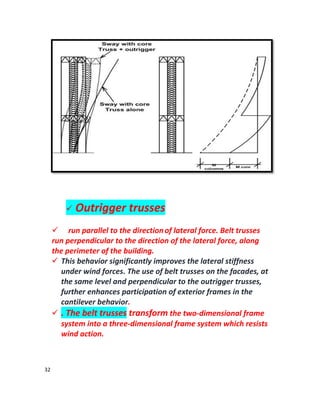 32
 Outrigger trusses
 run parallel to the directionof lateral force. Belt trusses
run perpendicular to the direction of the lateral force, along
the perimeter of the building.
 This behavior significantly improves the lateral stiffness
under wind forces. The use of belt trusses on the facades, at
the same level and perpendicular to the outrigger trusses,
further enhances participation of exterior frames in the
cantilever behavior.
 . The belt trusses transform the two-dimensional frame
system into a three-dimensional frame system which resists
wind action.
 