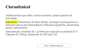 Cloranfenicol
Antibacteriano que inibe a síntese proteica; amplo espectro de
actividade;
Indicações: Tratamento da febre tifóide, meningite meningocócica e
infecções graves por Haemophylus influenza (epiglotite, pneumonia,
artrite, osteomielite).
Apresentação: Ampolas de 1 g/10ml para injecção ou perfusão E.V.
Cápsulas de 250mg. Suspensão de 250 mg/5 ml.
Nível 3 (FNM)- Injectavel
 