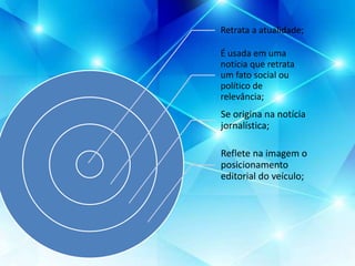 Retrata a atualidade;
É usada em uma
notícia que retrata
um fato social ou
político de
relevância;
Se origina na notícia
jornalística;
Reflete na imagem o
posicionamento
editorial do veículo;
 