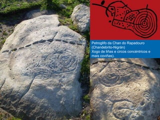 Petroglifo da Chan do Rapadouro
(Chandebrito-Nigrán)
Xogo de liñas e circos concéntricos e
mais coviñas).

 