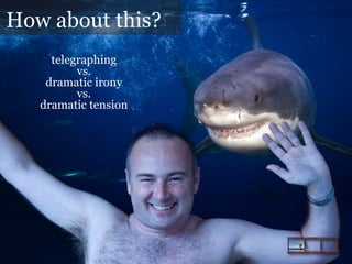How about this?
telegraphing
vs.
dramatic irony
vs.
dramatic tension

 