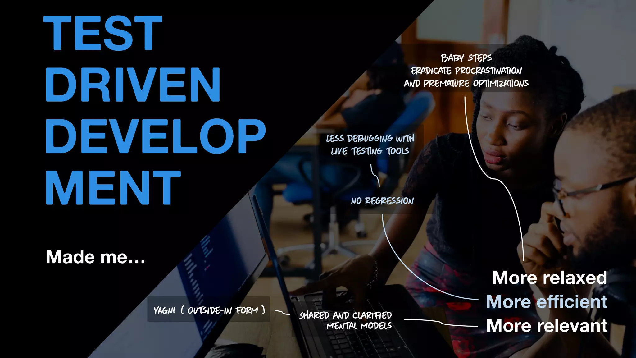 Made me…
• THOMAS PIERRAIN
(@TPIERRAIN)
TEST
DRIVEN
DEVELOP
MENT
More relaxed
More efficient
More relevant
 