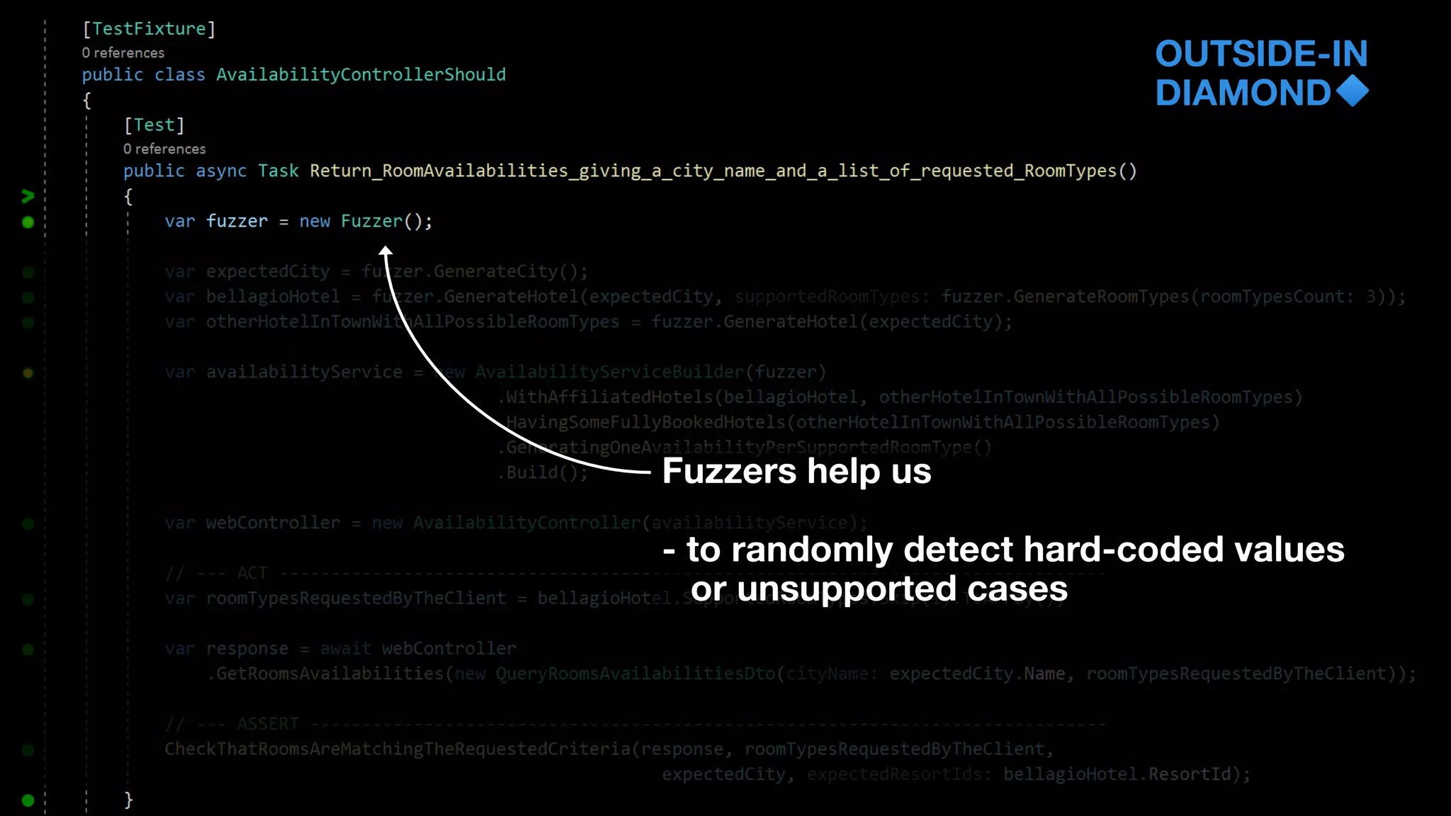 OUTSIDE-IN
DIAMOND
Fuzzers help us
- to randomly detect hard-coded values
or unsupported cases
 