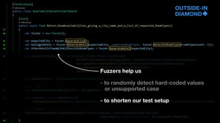 OUTSIDE-IN
DIAMOND
Fuzzers help us
- to randomly detect hard-coded values
or unsupported case
- to shorten our test setup
 