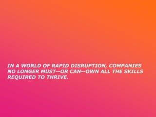 IN A WORLD OF RAPID DISRUPTION, COMPANIES
NO LONGER MUST--OR CAN--OWN ALL THE SKILLS
REQUIRED TO THRIVE.
 