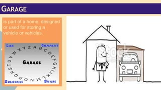 GARAGE
is part of a home, designed
or used for storing a
vehicle or vehicles.

 