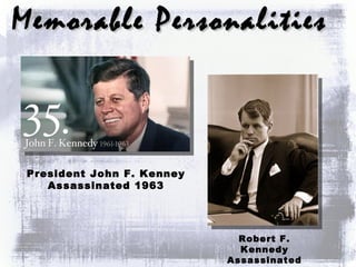Memorable Personalities  President John F. Kenney Assassinated 1963 Robert F. Kennedy Assassinated 1968  