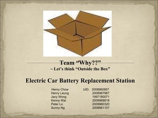 Team “Why??” ~ Let’s think “Outside the Box” Electric Car Battery Replacement Station Henry Chow UID:  2008960957 Henry Leung   2008967967 Jacy Wong     1997180071 Kenny Wai   2008968818 Peter Lo   2009960320 Sunny Ng   2008961107 