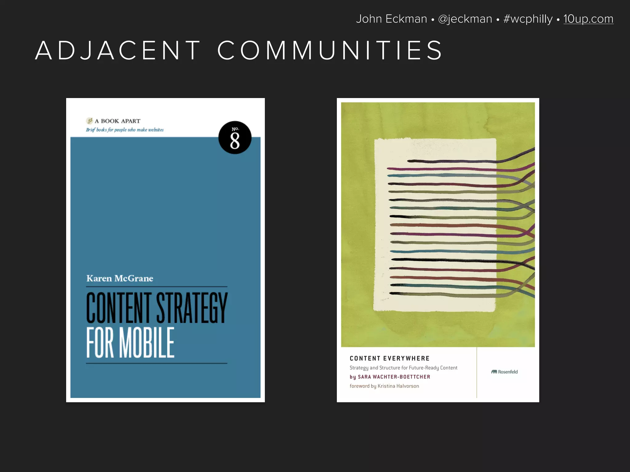 John Eckman • @jeckman • #wcphilly • 10up.com
A DJAC E N T C O M M U N I T I E S
 