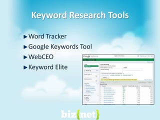 Keyword Research ToolsWord TrackerGoogle Keywords ToolWebCEOKeyword Elite