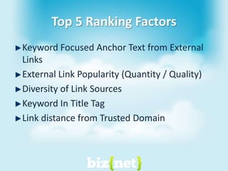 Top 5 Ranking FactorsKeyword Focused Anchor Text from External LinksExternal Link Popularity (Quantity / Quality)Diversity of Link SourcesKeyword In Title TagLink distance from Trusted Domain