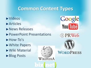 Common Content TypesVideos Articles News Releases PowerPoint Presentations How-To'sWhite Papers Wiki Material Blog Posts 