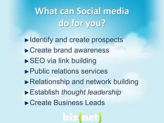 What is Social Media?Engagement and relationship building with prospective customers in a virtual environmentIntegrates technology and social interaction through words, pictures, videos and audioUses conversations through networking to share experiences, links, and information about a company, product or serviceMust provide value to be effective