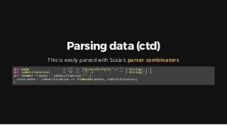 Parsing data (ctd)
This is easily parsed with Scala's parser combinators
def make = "/" ~> "[A-Za-z0-9]{3}".r ^^ { String(...