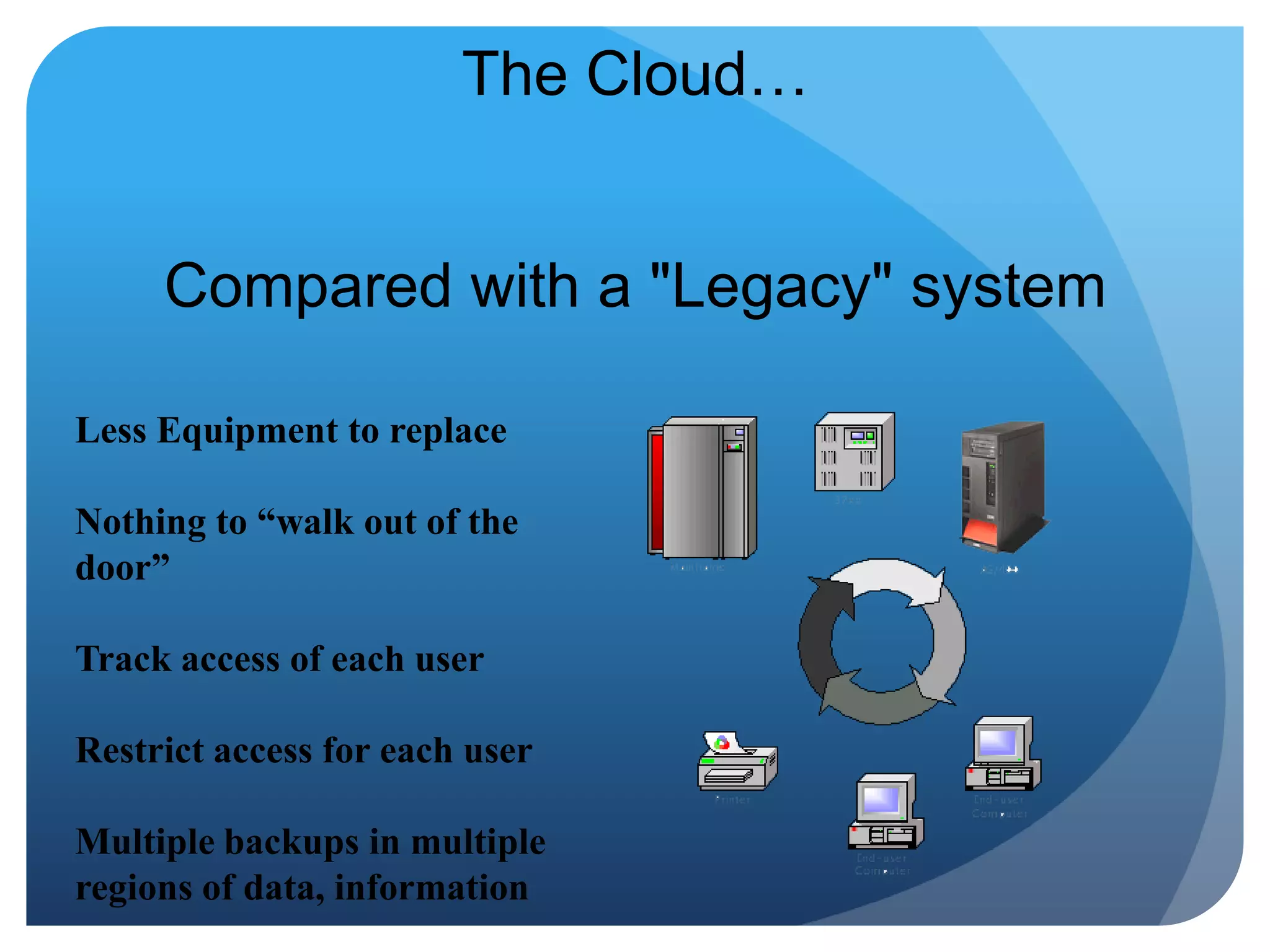 The Cloud…Compared with a "Legacy" system Less Equipment to replaceNothing to “walk out of the door”Track access of each userRestrict access for each userMultiple backups in multiple regions of data, information