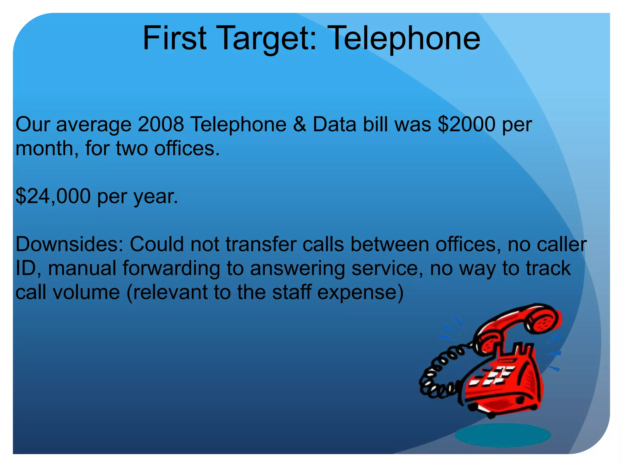 First Target: TelephoneOur average 2008 Telephone & Data bill was $2000 per month, for two offices.$24,000 per year. Downsides: Could not transfer calls between offices, no caller ID, manual forwarding to answering service, no way to track call volume (relevant to the staff expense)