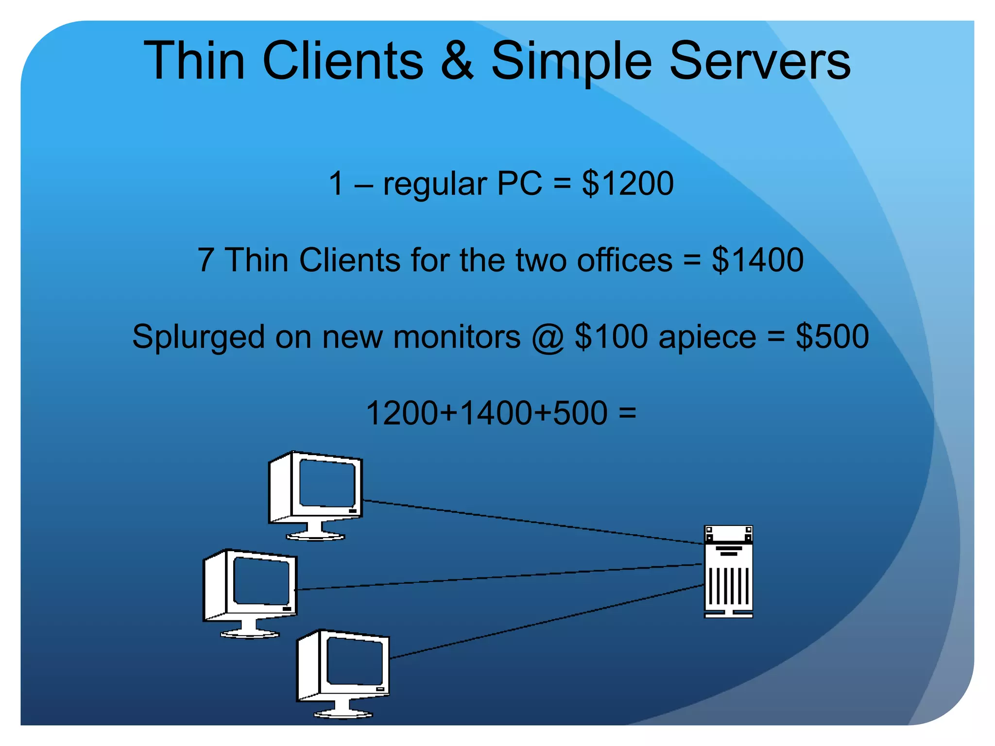 Thin Clients & Simple Servers1 – regular PC = $12007 Thin Clients for the two offices = $1400Splurged on new monitors @ $100 apiece = $5001200+1400+500 =