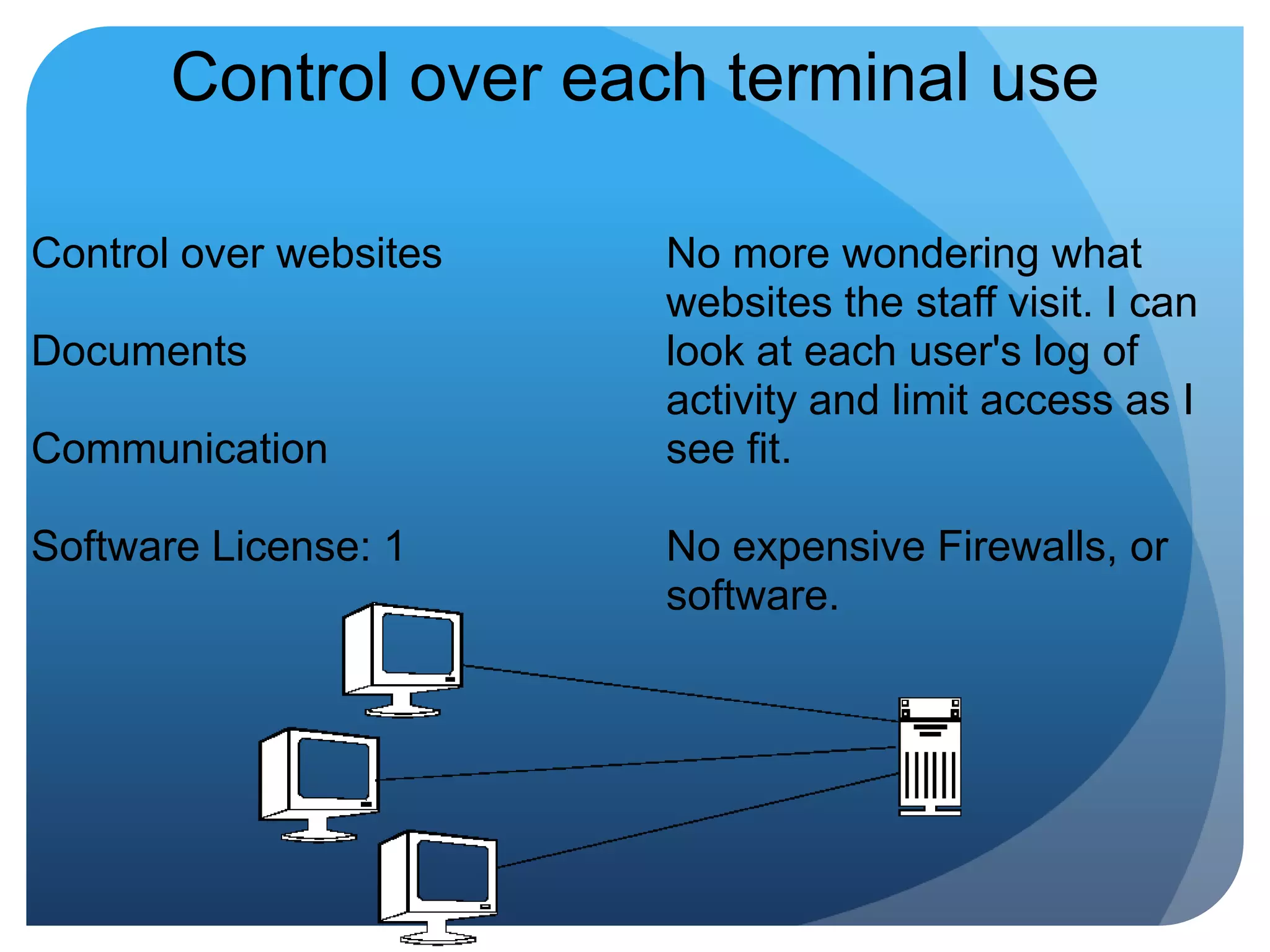 Control over each terminal useControl over websitesDocumentsCommunicationSoftware License: 1No more wondering what websites the staff visit. I can look at each user's log of activity and limit access as I see fit. No expensive Firewalls, or software.