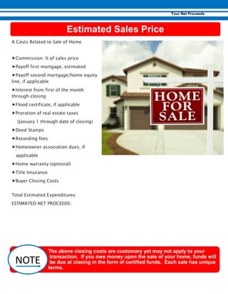 A Costs Related to Sale of Home
„Commission: % of sales price
„Payoff first mortgage, estimated
„Payoff second mortgage/home equity
line, if applicable
„Interest from first of the month
through closing
„Flood certificate, if applicable
„Proration of real estate taxes
(January 1 through date of closing)
„Deed Stamps
„Recording fees
„Homeowner association dues, if
applicable
„Home warranty (optional)
„Title Insurance
„Buyer Closing Costs
Total Estimated Expenditures:
ESTIMATED NET PROCEEDS:
 