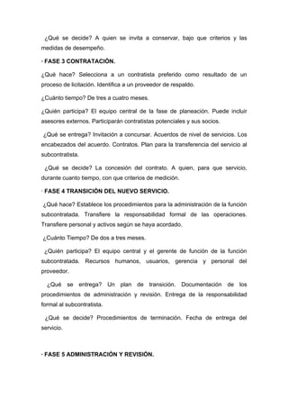 ¿Qué se decide? A quien se invita a conservar, bajo que criterios y las
medidas de desempeño.

· FASE 3 CONTRATACIÓN.

¿Qué hace? Selecciona a un contratista preferido como resultado de un
proceso de licitación. Identifica a un proveedor de respaldo.

¿Cuánto tiempo? De tres a cuatro meses.

¿Quién participa? El equipo central de la fase de planeación. Puede incluir
asesores externos. Participarán contratistas potenciales y sus socios.

¿Qué se entrega? Invitación a concursar. Acuerdos de nivel de servicios. Los
encabezados del acuerdo. Contratos. Plan para la transferencia del servicio al
subcontratista.

 ¿Qué se decide? La concesión del contrato. A quien, para que servicio,
durante cuanto tiempo, con que criterios de medición.

· FASE 4 TRANSICIÓN DEL NUEVO SERVICIO.

¿Qué hace? Establece los procedimientos para la administración de la función
subcontratada. Transfiere la responsabilidad formal de las operaciones.
Transfiere personal y activos según se haya acordado.

¿Cuánto Tiempo? De dos a tres meses.

 ¿Quién participa? El equipo central y el gerente de función de la función
subcontratada. Recursos humanos, usuarios, gerencia y personal del
proveedor.

  ¿Qué se entrega? Un plan de transición. Documentación de los
procedimientos de administración y revisión. Entrega de la responsabilidad
formal al subcontratista.

 ¿Qué se decide? Procedimientos de terminación. Fecha de entrega del
servicio.



· FASE 5 ADMINISTRACIÓN Y REVISIÓN.
 