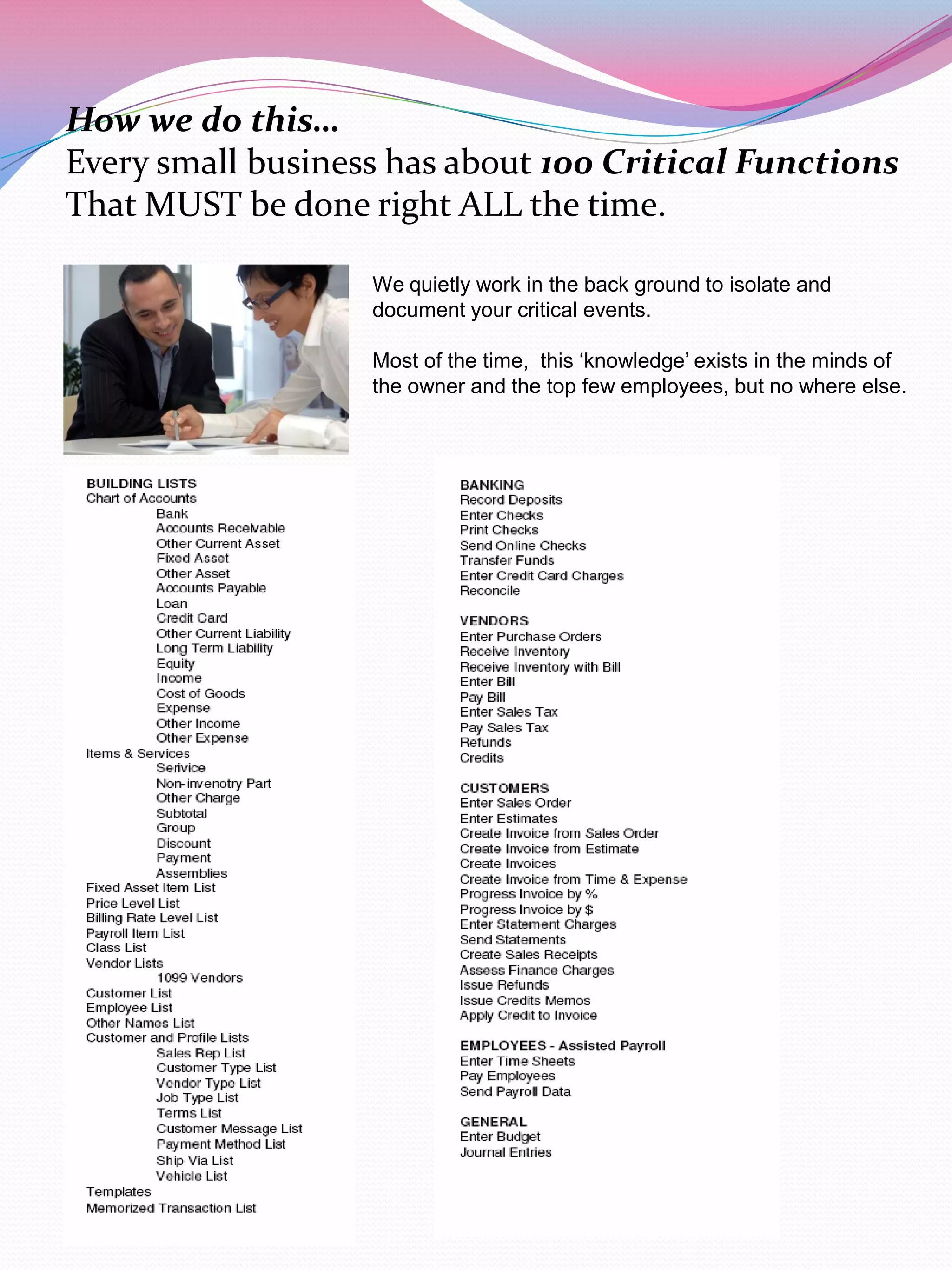 How we do this…
Every small business has about 100 Critical Functions
That MUST be done right ALL the time.

                   We quietly work in the back ground to isolate and
                   document your critical events.

                   Most of the time, this „knowledge‟ exists in the minds of
                   the owner and the top few employees, but no where else.
 