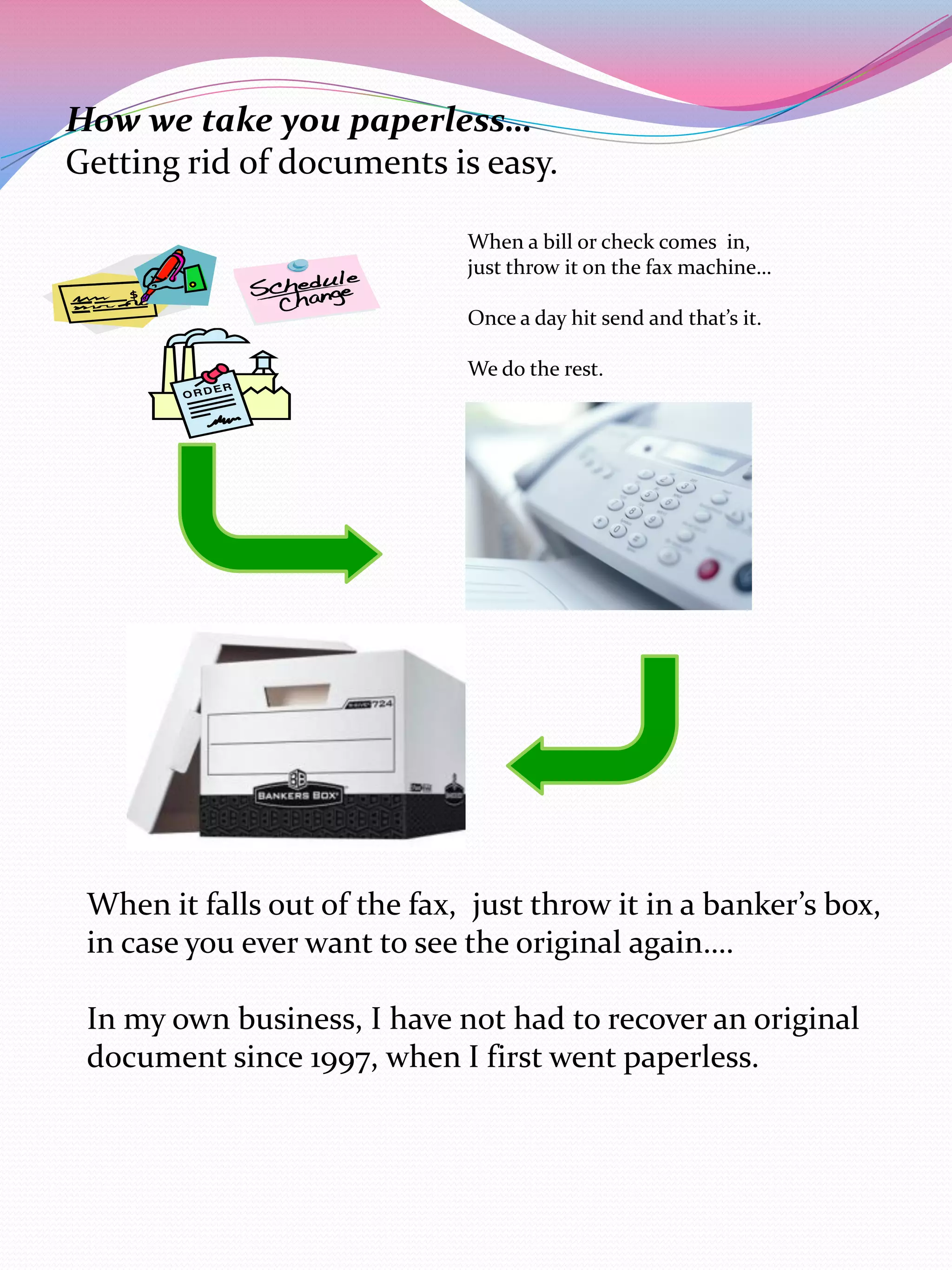 How we take you paperless…
Getting rid of documents is easy.

                              When a bill or check comes in,
                              just throw it on the fax machine…

                              Once a day hit send and that’s it.

                              We do the rest.




 When it falls out of the fax, just throw it in a banker’s box,
 in case you ever want to see the original again….

 In my own business, I have not had to recover an original
 document since 1997, when I first went paperless.
 