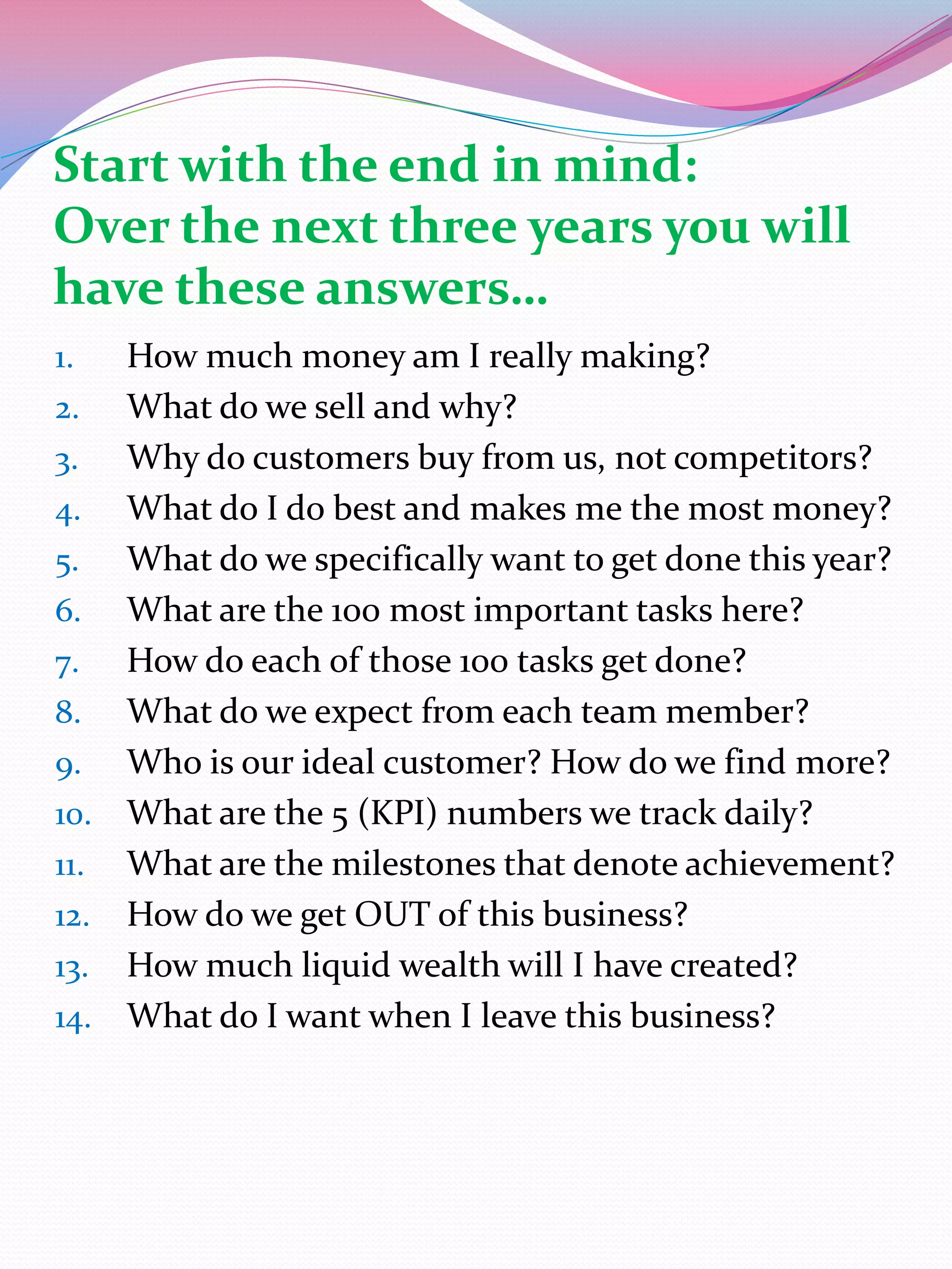 Start with the end in mind:
Over the next three years you will
have these answers…
1.  How much money am I really making?
2. What do we sell and why?
3. Why do customers buy from us, not competitors?
4. What do I do best and makes me the most money?
5. What do we specifically want to get done this year?
6. What are the 100 most important tasks here?
7. How do each of those 100 tasks get done?
8. What do we expect from each team member?
9. Who is our ideal customer? How do we find more?
10. What are the 5 (KPI) numbers we track daily?
11. What are the milestones that denote achievement?
12. How do we get OUT of this business?
13. How much liquid wealth will I have created?
14. What do I want when I leave this business?
 