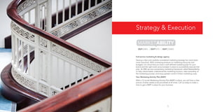 Strategy & Execution

Full-service marketing & design agency
Having a clear and carefully considered marketing strategy has never been
more important. With increasing pressure on marketing resources and
budgets, it’s critical that you have a well defined marketing plan for your
brand and the right tools and processes in place to successfully execute that
plan. At OBS we use a proprietary marketing framework called MarketAbility
to help clients better understand the marketing function, take ownership of
the marketing process, and enjoy greater control of their marketing costs.
Your Marketing Activity Plan [MAP]
With a 12 month Marketing Activity Plan [MAP] in place, you will have a clear
picture of what needs to be prioritised at all times. Call us today to make a
time to get a MAP in place for your business.

5

 