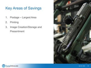 Key Areas of Savings
1. Postage – Largest Area
2. Printing
3. Image Creation/Storage and
Presentment
April 20, 2022 21
 