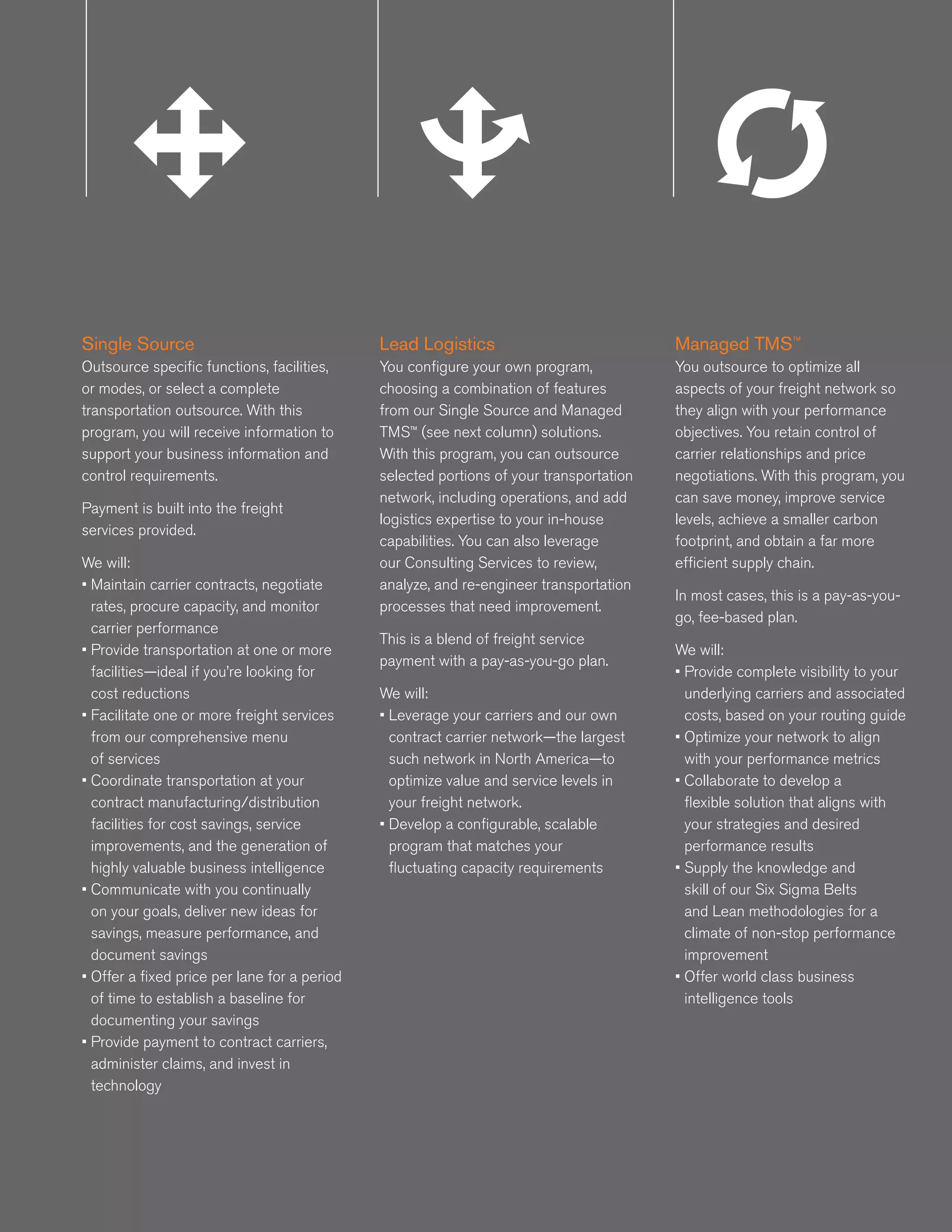 Single Source                                 Lead Logistics                               Managed TMS™
Outsource specific functions, facilities,     You configure your own program,             You outsource to optimize all
or modes, or select a complete                choosing a combination of features          aspects of your freight network so
transportation outsource. With this           from our Single Source and Managed          they align with your performance
program, you will receive information to      TMS™ (see next column) solutions.           objectives. You retain control of
support your business information and         With this program, you can outsource        carrier relationships and price
control requirements.                         selected portions of your transportation    negotiations. With this program, you
                                              network, including operations, and add      can save money, improve service
                 Single SingleSingle
Payment is built into the freight                     Lead   Lead Lead
                                              logistics expertise to your in-house       Managed Managed Inboun
                                                                                               Managed
                                                                                          levels, achieve a smaller carbon     Inb
                 Source Source
services provided.
                     Source                           Logistics Logistics
                                                             Logistics
                                              capabilities. You can also leverage        TMSTMS TMSa far more Logisti
                                                                                               ™       ™
                                                                                          footprint, and obtain
                                                                                                                ™
                                                                                                                               Lo
We will:                                      our Consulting Services to review,          efficient supply chain.
• Maintain carrier contracts, negotiate       analyze, and re-engineer transportation
                                                                                           In most cases, this is a pay-as-you-
  rates, procure capacity, and monitor        processes that need improvement.
                                                                                           go, fee-based plan.
  carrier performance
                                              This is a blend of freight service
• Provide transportation at one or more                                                    We will:
                                              payment with a pay-as-you-go plan.
  facilities—ideal if you’re looking for                                                   • Provide complete visibility to your
  cost reductions                             We will:                                       underlying carriers and associated
• Facilitate one or more freight services     • Leverage your carriers and our own           costs, based on your routing guide
  from our comprehensive menu                   contract carrier network—the largest       • Optimize your network to align
  of services                                   such network in North America—to             with your performance metrics
• Coordinate transportation at your             optimize value and service levels in       • Collaborate to develop a
  contract manufacturing/distribution           your freight network.                        flexible solution that aligns with
  facilities for cost savings, service        • Develop a configurable, scalable             your strategies and desired
  improvements, and the generation of           program that matches your                    performance results
  highly valuable business intelligence         fluctuating capacity requirements          • Supply the knowledge and
• Communicate with you continually                                                           skill of our Six Sigma Belts
  on your goals, deliver new ideas for                                                       and Lean methodologies for a
  savings, measure performance, and                                                          climate of non-stop performance
  document savings                                                                           improvement
• Offer a fixed price per lane for a period                                                • Offer world class business
  of time to establish a baseline for                                                        intelligence tools
  documenting your savings
• Provide payment to contract carriers,
  administer claims, and invest in
  technology
                 Single
                     SingleSingle                   LeadLead Lead                        Managed Managed
                                                                                            Managed                          Inboun
                                                                                                                                 Inb
                 Source Source
                     Source                         Logistics Logistics
                                                        Logistics                        TMSTMS™ TMS™
                                                                                            ™
                                                                                                                             Logisti
                                                                                                                                 Lo
 