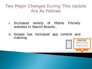 Two Major Changes During This Update
Are As Follows
i. Increased variety of Mobile Friendly
websites in Search Results.
ii. Google has increased app content and
indexing.
DESKTOPPHONE
 