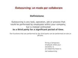 Outsourcing: un modo per collaborare
Outsourcing is any task, operation, job or process that
could be performed by employees within your company,
but is instead contracted
to a third party for a significant period of time.
The functions that are performed by the third party can be performed on-site or
off-site.
Definizione
Hiring a temporary
employee while your
secretary is
on maternity leave is
not outsourcing.
 