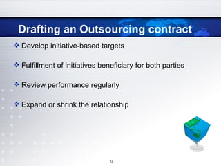 Drafting an Outsourcing contract Develop initiative-based targets Fulfillment of initiatives beneficiary for both parties Review performance regularly Expand or shrink the relationship 