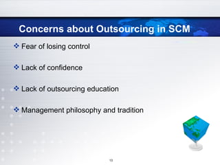 Concerns about Outsourcing in SCM Fear of losing control Lack of confidence Lack of outsourcing education Management philosophy and tradition 