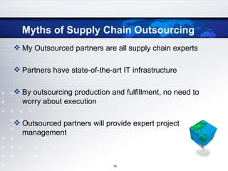 Myths of Supply Chain Outsourcing My Outsourced partners are all supply chain experts Partners have state-of-the-art IT infrastructure By outsourcing production and fulfillment, no need to worry about execution Outsourced partners will provide expert project management 