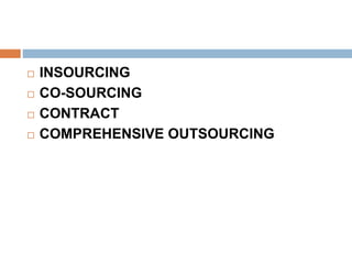  INSOURCING
 CO-SOURCING
 CONTRACT
 COMPREHENSIVE OUTSOURCING
 