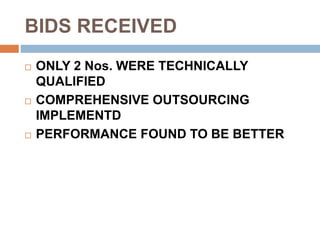 BIDS RECEIVED
 ONLY 2 Nos. WERE TECHNICALLY
QUALIFIED
 COMPREHENSIVE OUTSOURCING
IMPLEMENTD
 PERFORMANCE FOUND TO BE BETTER
 