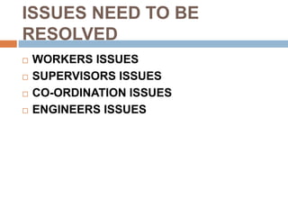 ISSUES NEED TO BE
RESOLVED
 WORKERS ISSUES
 SUPERVISORS ISSUES
 CO-ORDINATION ISSUES
 ENGINEERS ISSUES
 