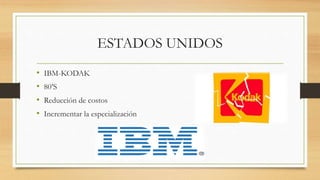 ESTADOS UNIDOS
• IBM-KODAK
• 80’S
• Reducción de costos
• Incrementar la especialización
 