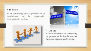 • In-house
Es el outsourcing que se produce en las
instalaciones de la organización
contratante del servicio.
• Off-site
Cuando el servicio de outsourcing
se produce en las instalaciones de
la propia empresa que lo presta.
 