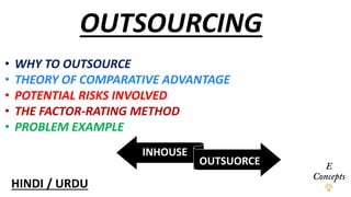 OUTSOURCING
HINDI / URDU
• WHY TO OUTSOURCE
• THEORY OF COMPARATIVE ADVANTAGE
• POTENTIAL RISKS INVOLVED
• THE FACTOR-RATING METHOD
• PROBLEM EXAMPLE
INHOUSE
OUTSUORCE
 