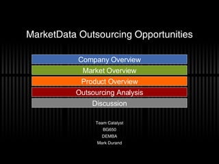 MarketData Outsourcing Opportunities Team Catalyst BG650 DEMBA Mark Durand Product Overview Market Overview Company Overview Outsourcing Analysis Discussion 