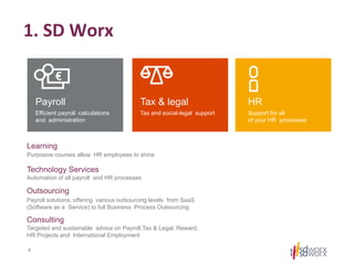 1. SD Worx
Learning
Targeted and sustainable advice on Payroll,Tax & Legal, Reward,
HR Projects and International Employment
Automation of all payroll and HR processes
Payroll solutions, offering various outsourcing levels from SaaS
(Software as a Service) to full Business Process Outsourcing
Payroll
Efficient payroll calculations
and administration
Tax & legal
Tax and social-legal support
HR
Support for all
of your HR processes
4
Purposive courses allow HR employees to shine
Technology Services
Outsourcing
Consulting
 